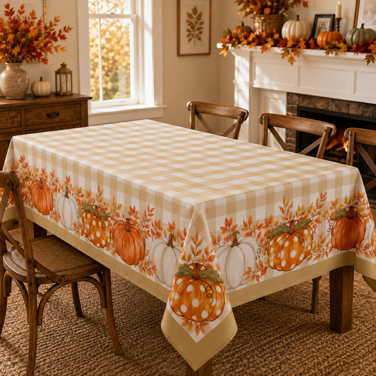 Tablecloth for Fall Thanksgiving with Pumpkin and Buffalo Plaid
