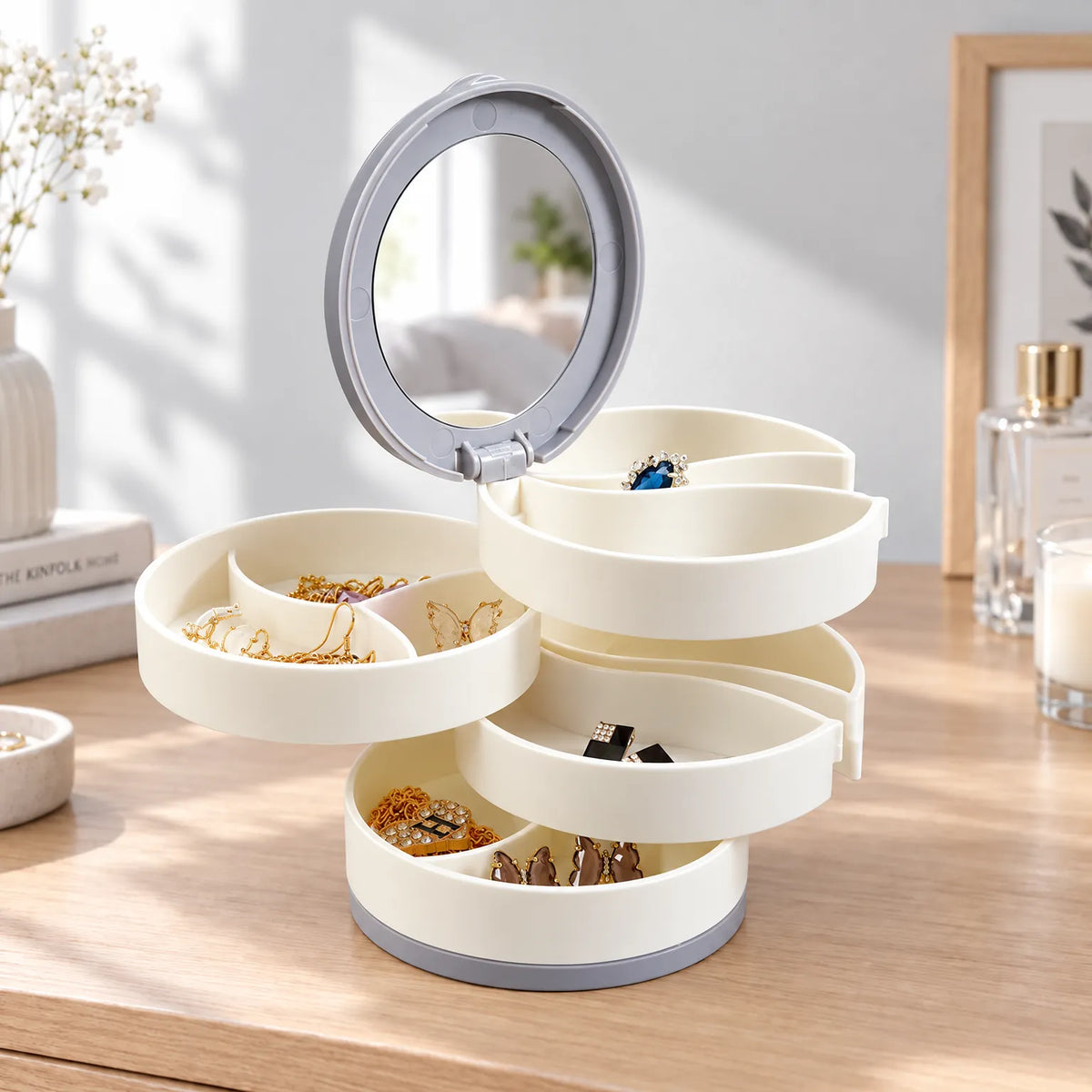Jewelry Box with 360 Rotating Trays Mirror and Tiered Storage