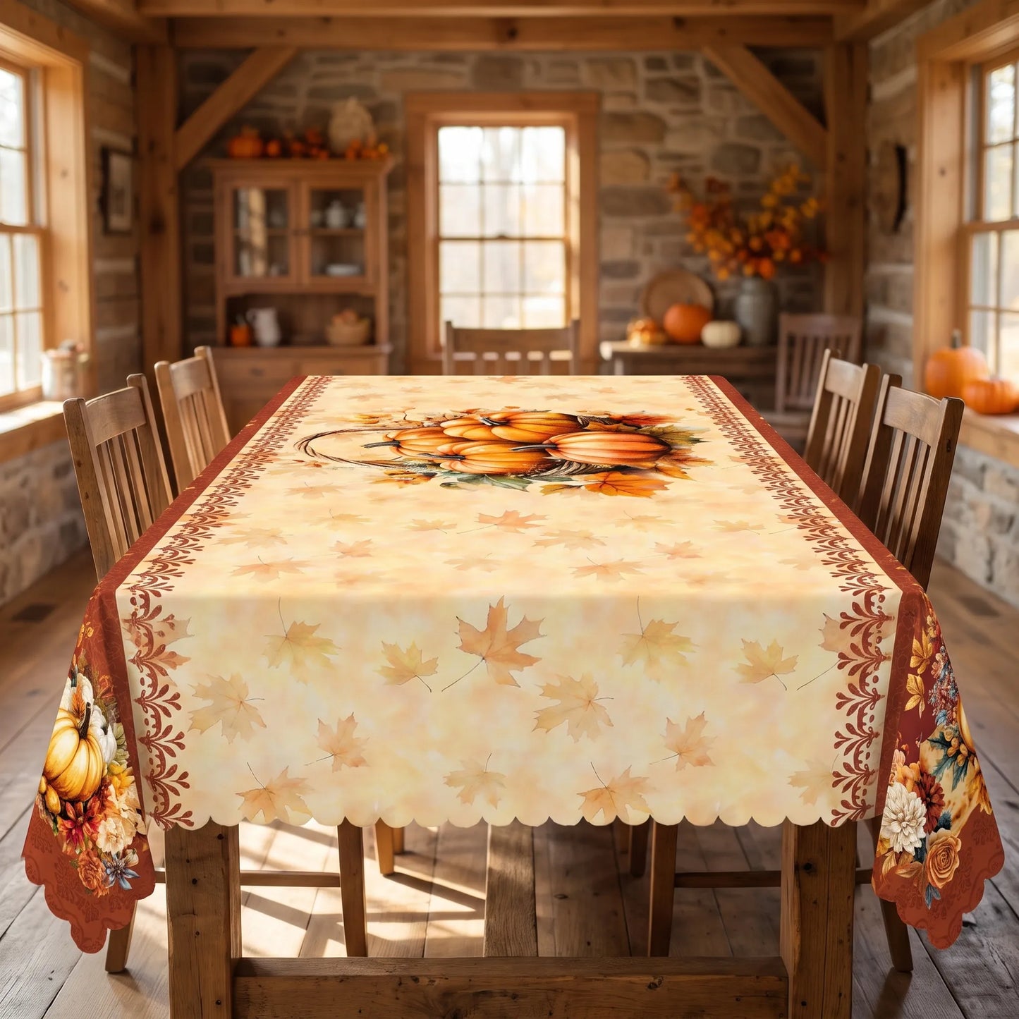 Tablecloth for Fall Thanksgiving with Pumpkin and Autumn Leaves