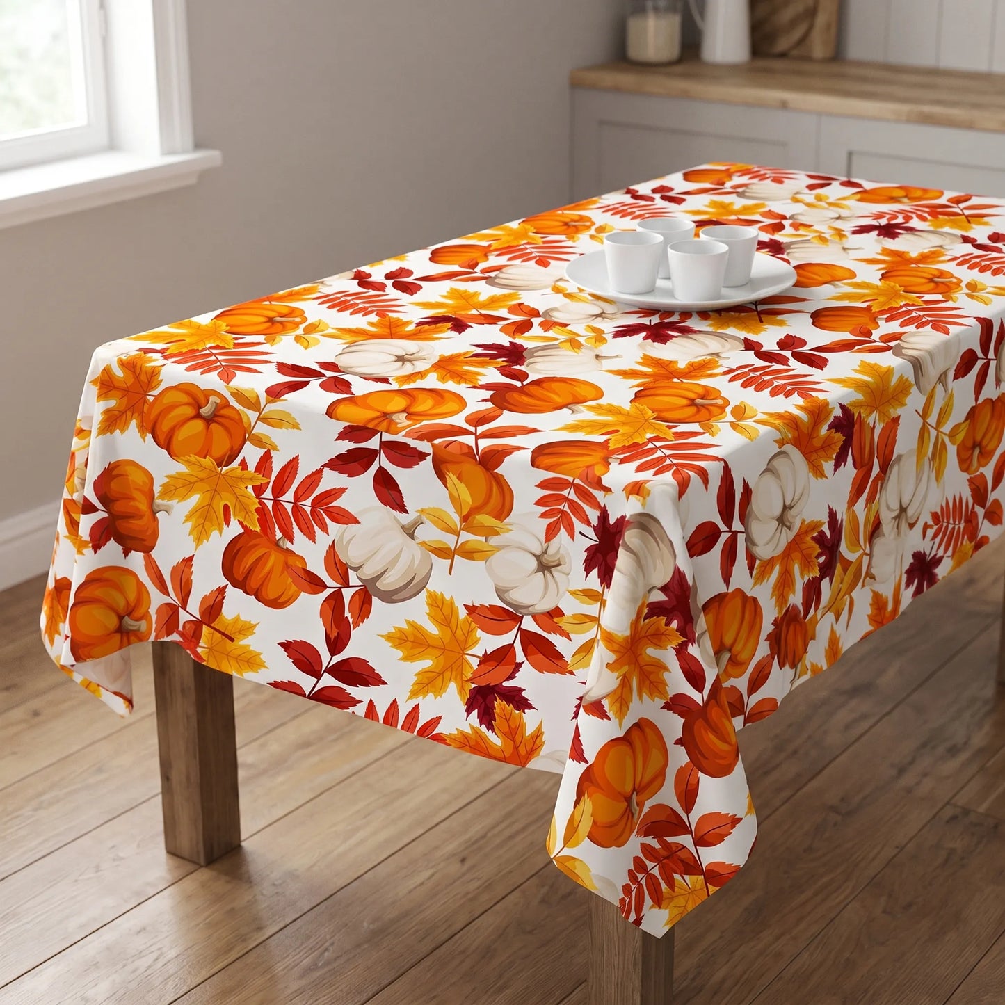 Tablecloth for Fall Thanksgiving with Pumpkin and Maple Leaves