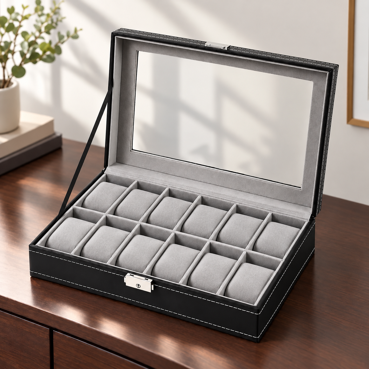Watch Box with Clear Display Lid Removable Cushions and Lock