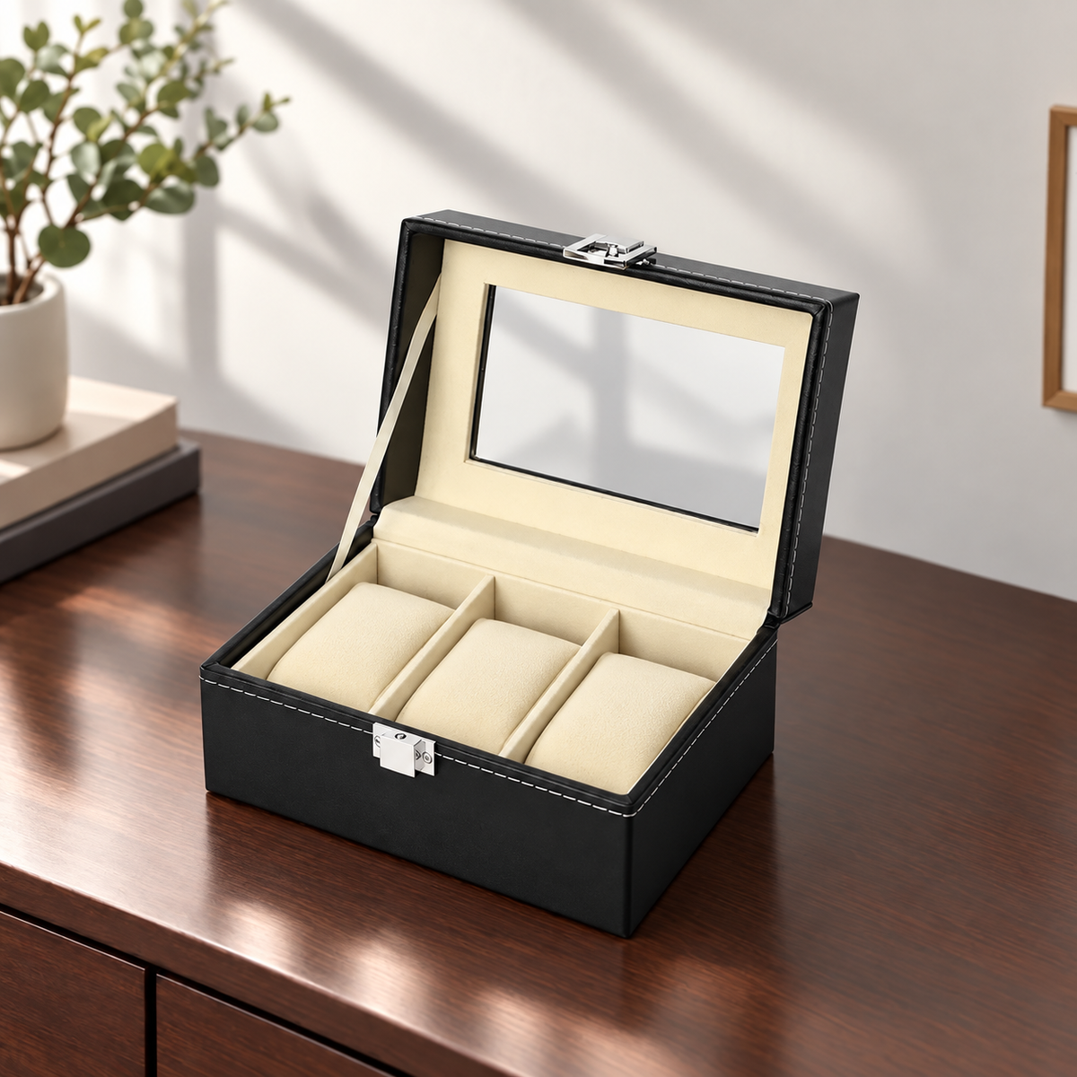 Watch Box with Clear Display Lid Removable Cushions and Lock