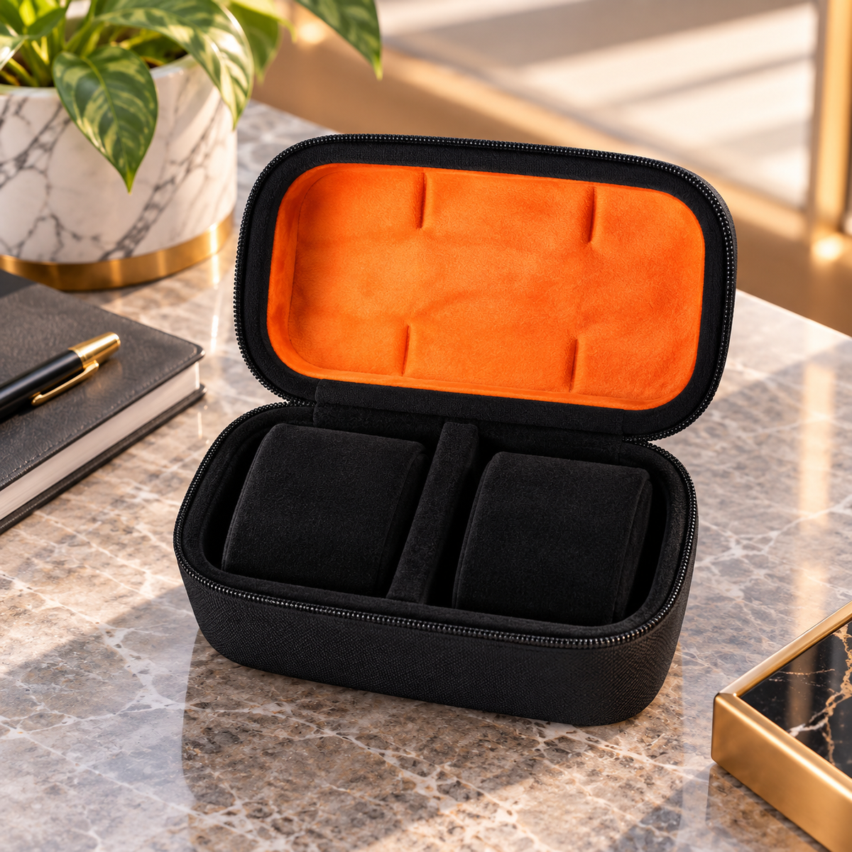 Watch Box with Hard Shell Zipper Closure and Removable Cushions