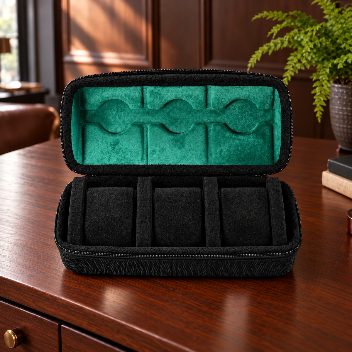 Watch Box with Hard Shell Zipper Closure and Removable Cushions
