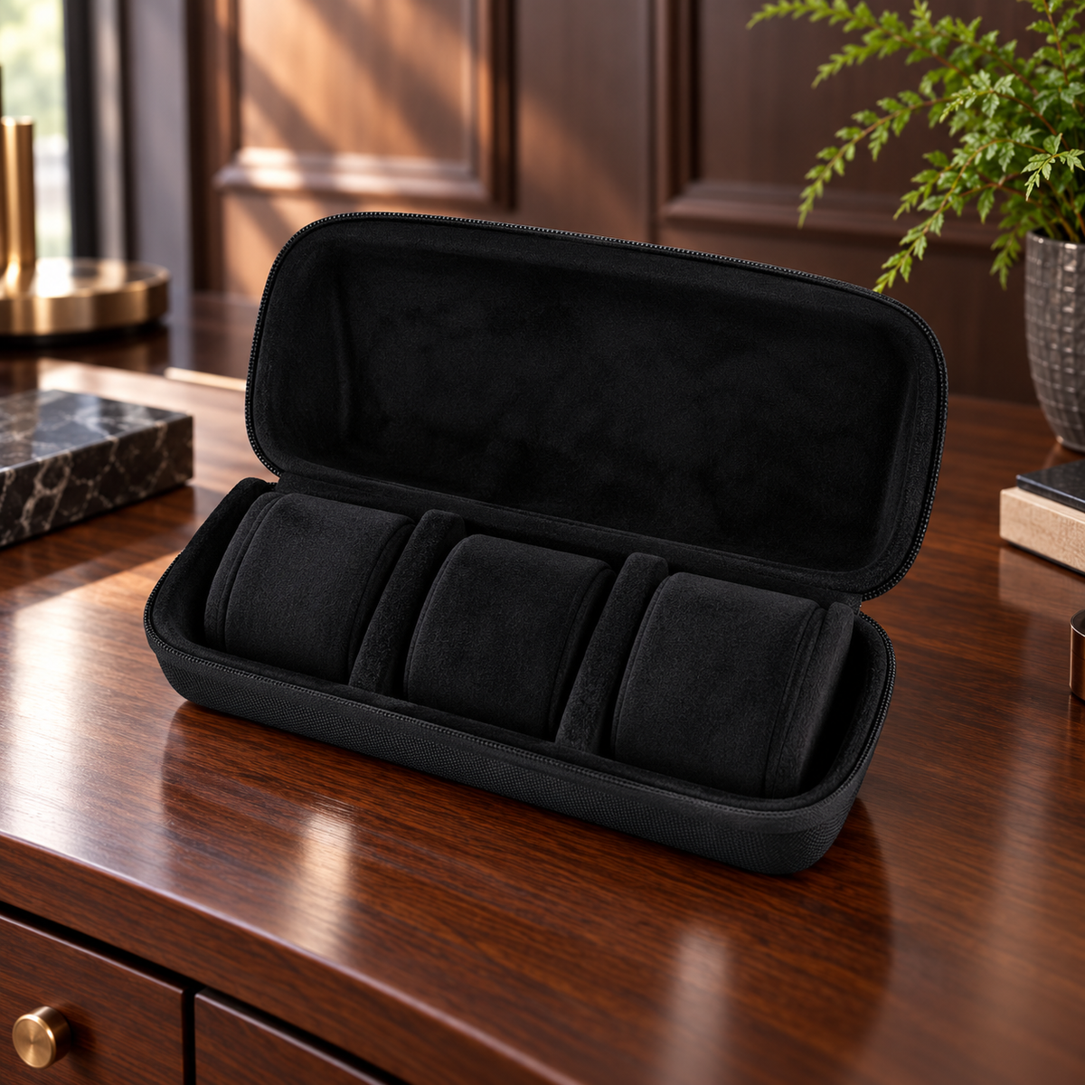 Watch Box with Hard Shell Zipper Closure and Removable Cushions