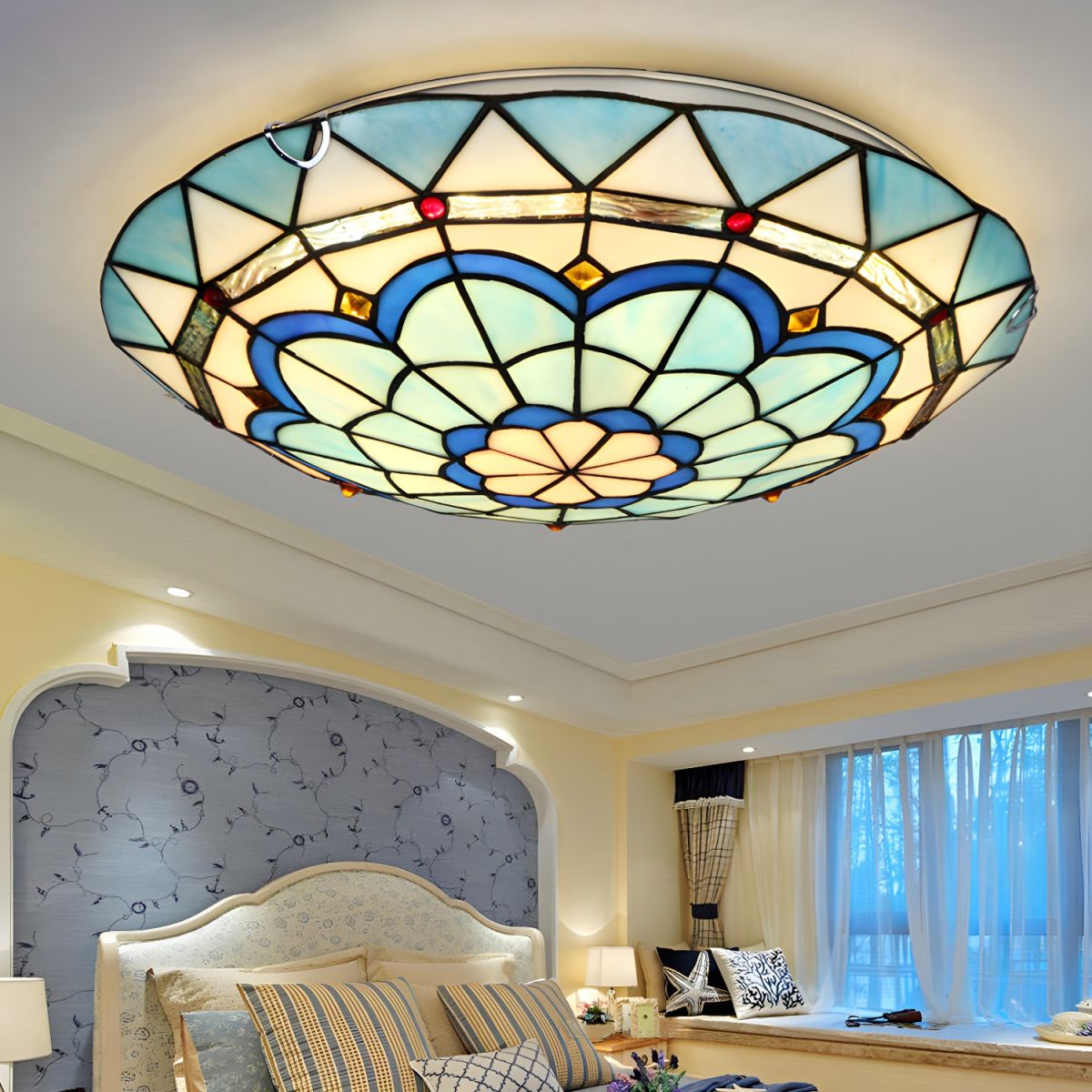 Ceiling Flush Mount Tiffany Blue Glass Light Fixture | Lumeria