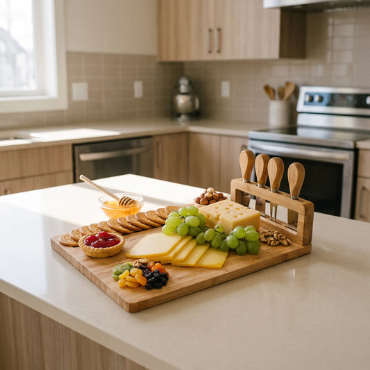 Charcuterie Cutting Board with Cheese Knives and Compartments