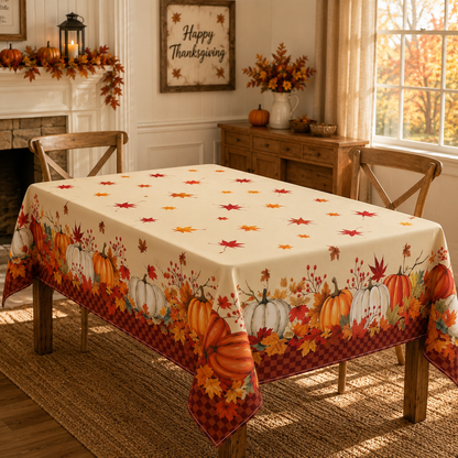 Tablecloth for Fall Thanksgiving with Pumpkin and Maple Leaves