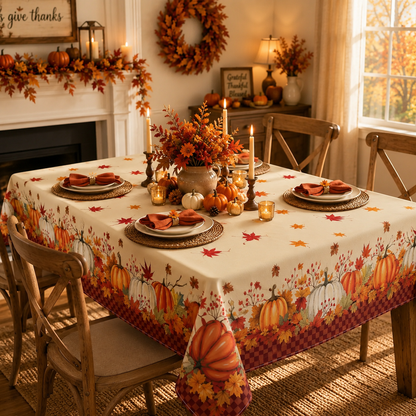 Tablecloth for Fall Thanksgiving with Pumpkin and Maple Leaves