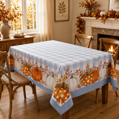 Tablecloth for Fall Thanksgiving with Pumpkin and Buffalo Plaid