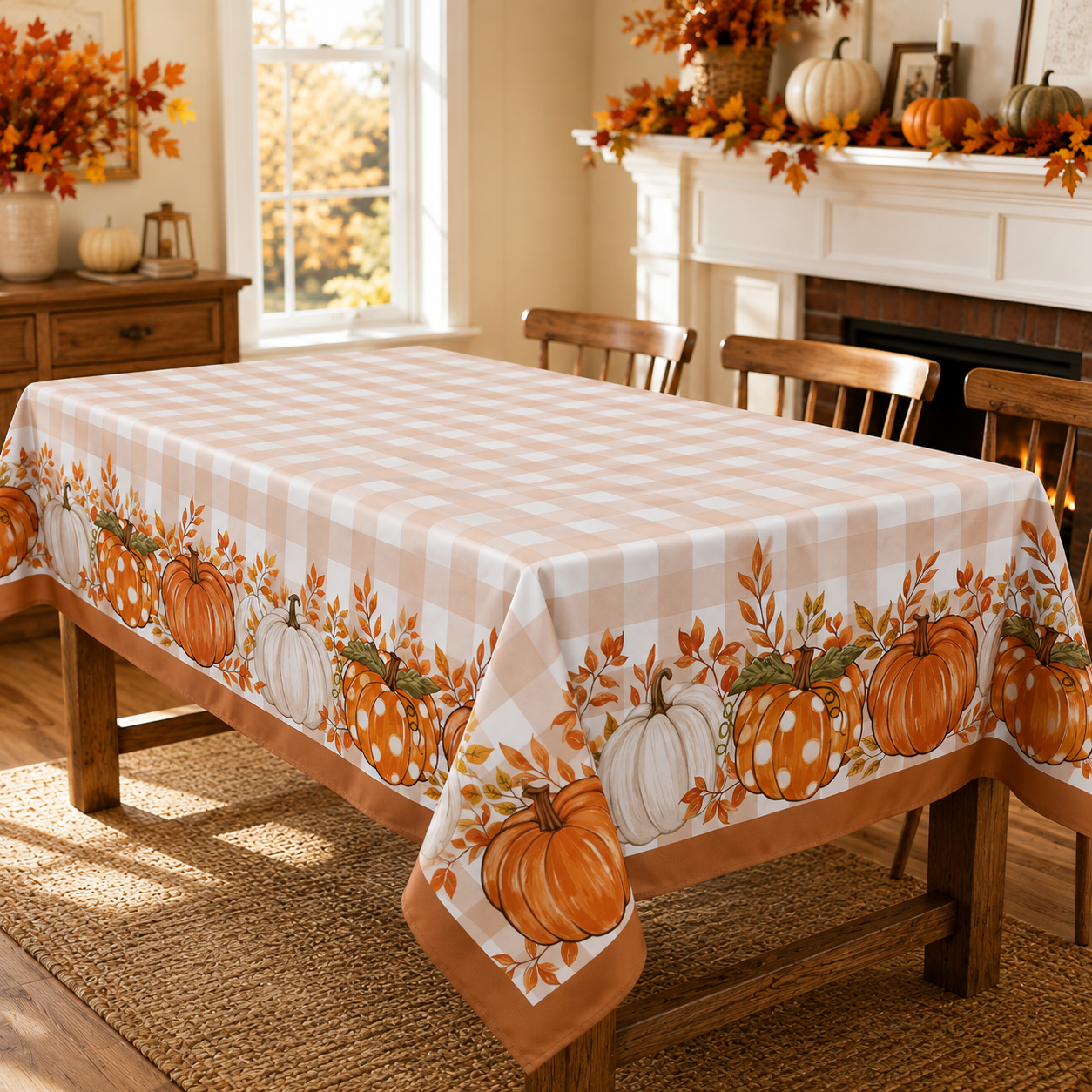 Tablecloth for Fall Thanksgiving with Pumpkin and Buffalo Plaid