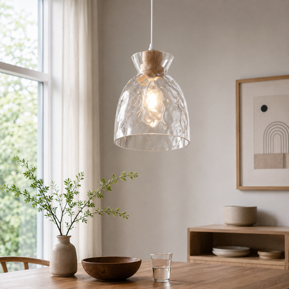 Clear Glass Pendant Light with Nordic Wooden Accent | Yndoria