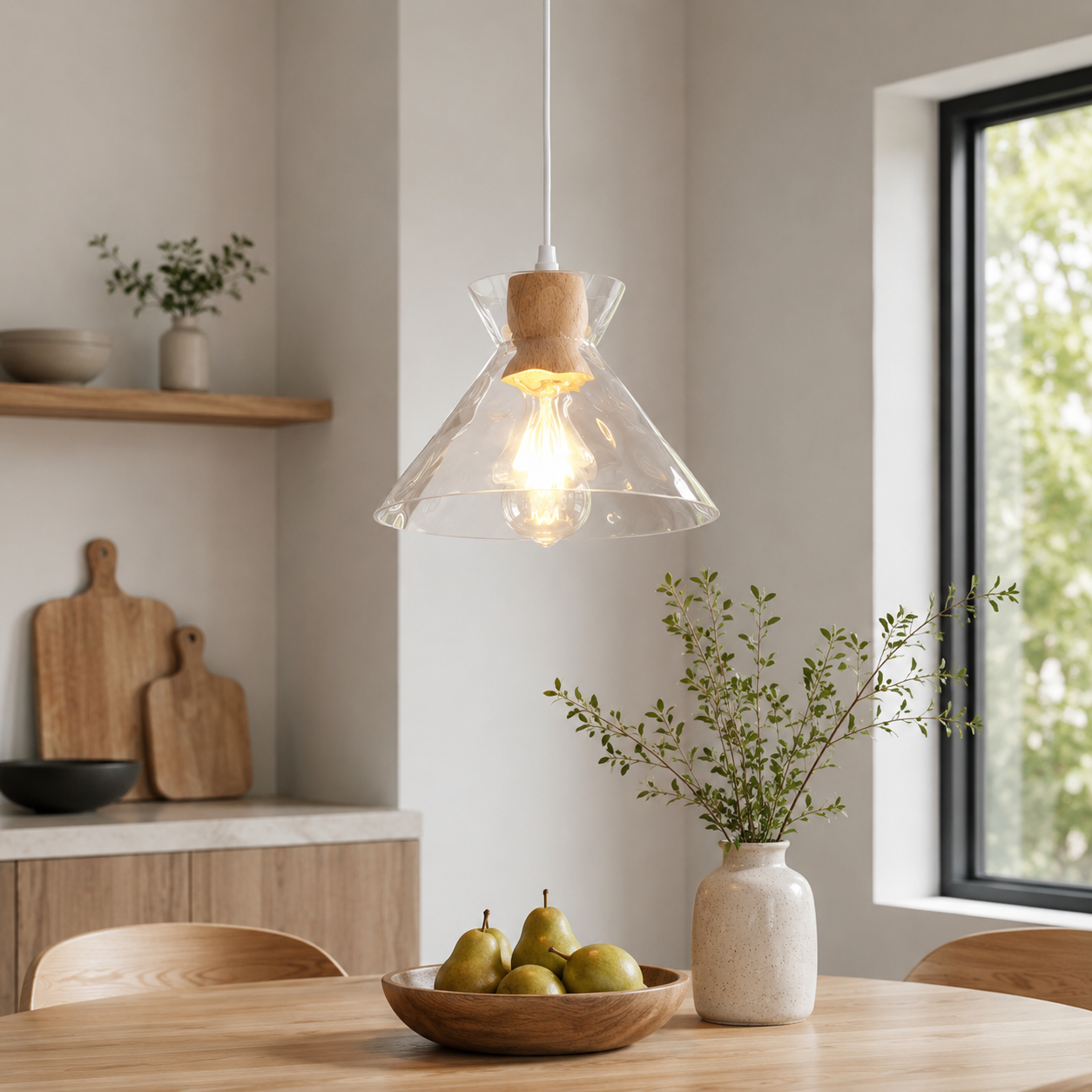 Clear Glass Pendant Light with Nordic Wooden Accent | Yndoria