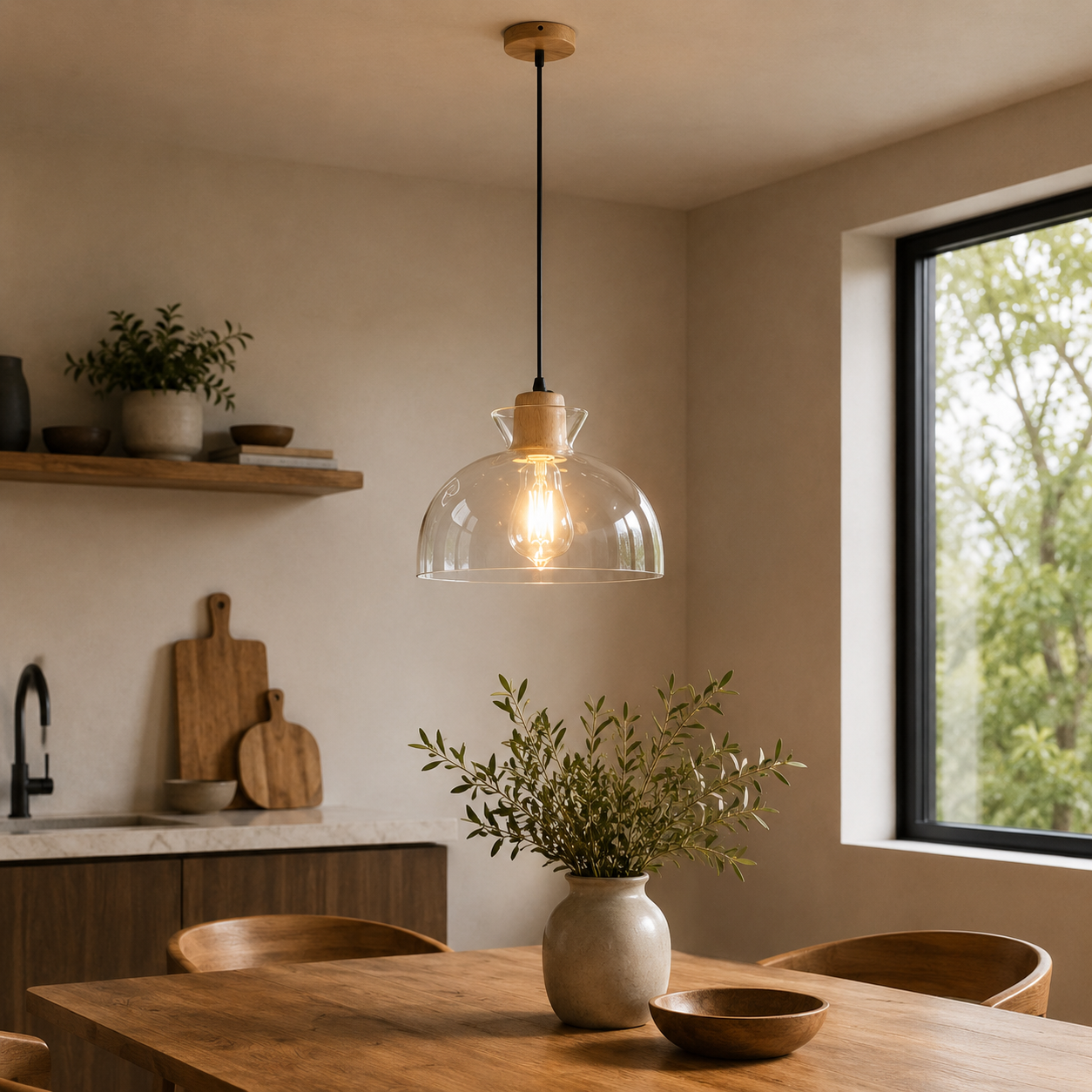 Clear Glass Pendant Light with Nordic Wooden Accent | Yndoria
