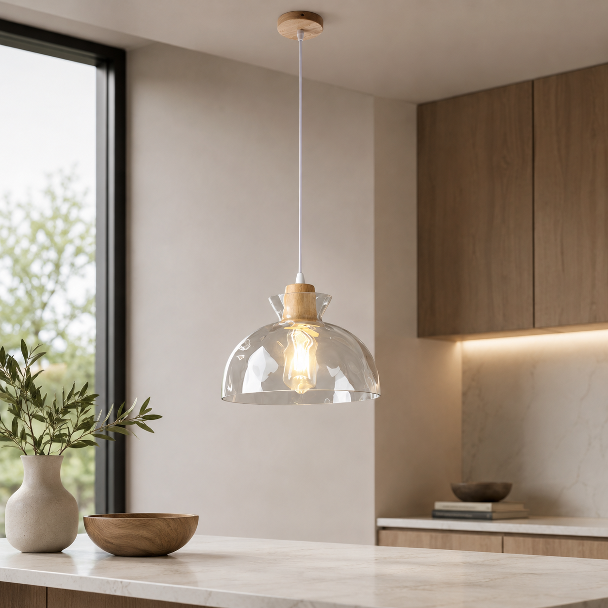 Clear Glass Pendant Light with Nordic Wooden Accent | Yndoria