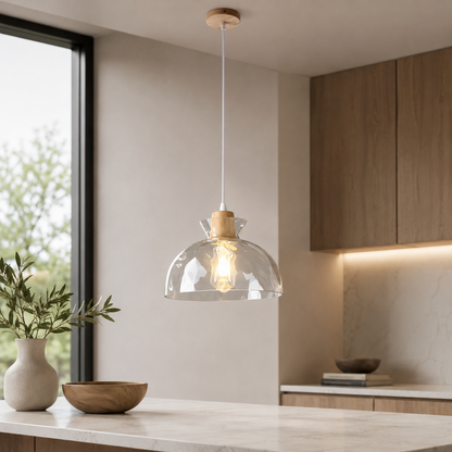 Clear Glass Pendant Light with Nordic Wooden Accent | Yndoria