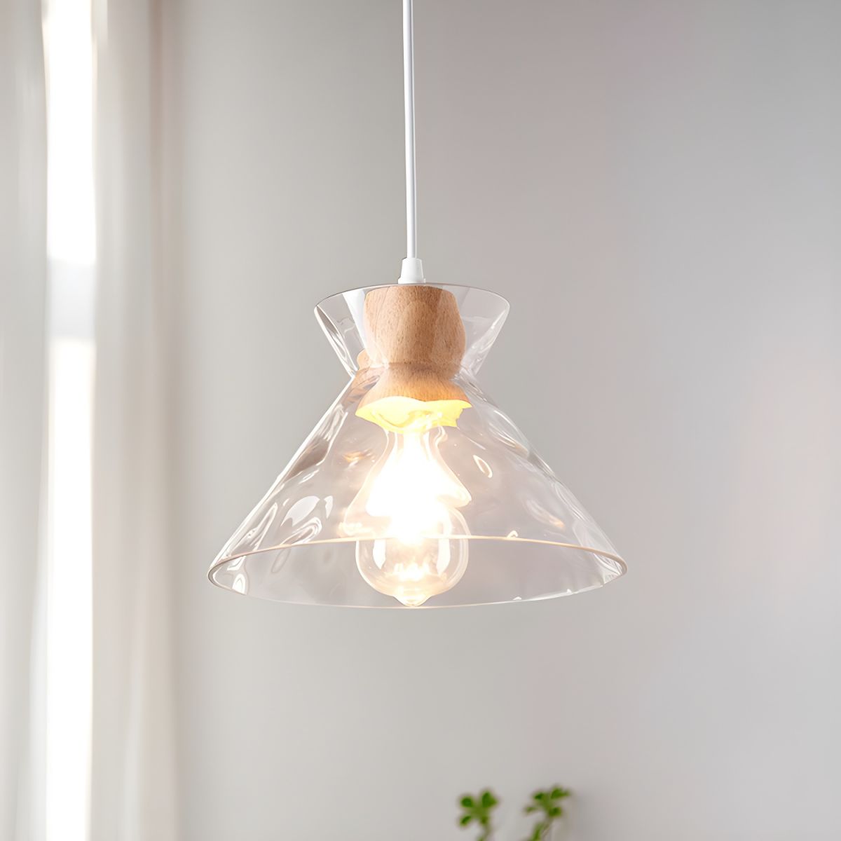 Clear Glass Pendant Light with Nordic Wooden Accent | Yndoria