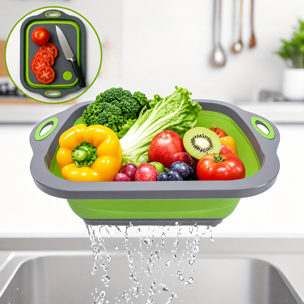 Collapsible Cutting Board with Strainer and Wash Basin
