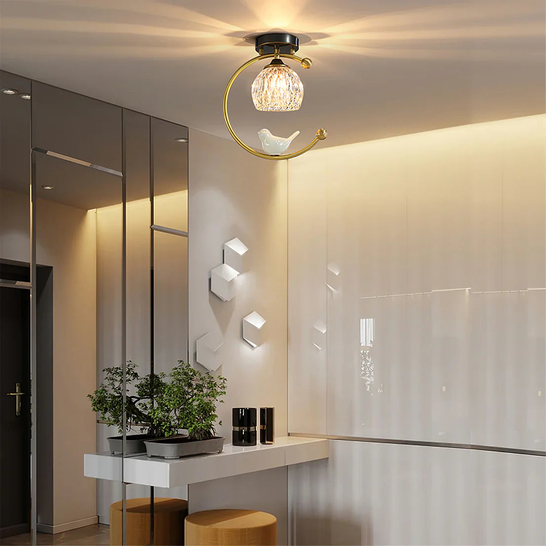 Contemporary Brass Ceiling Lamp with Ceramic Bird Detail | Lurvexa