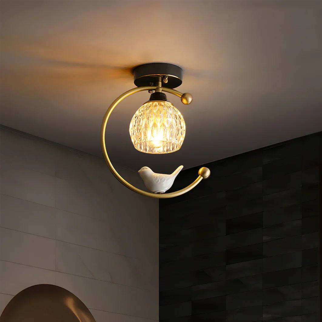 Contemporary Brass Ceiling Lamp with Ceramic Bird Detail | Lurvexa