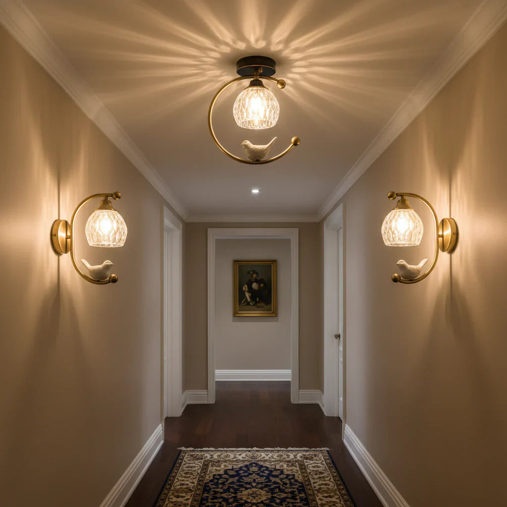 Contemporary Brass Ceiling Lamp with Ceramic Bird Detail | Lurvexa