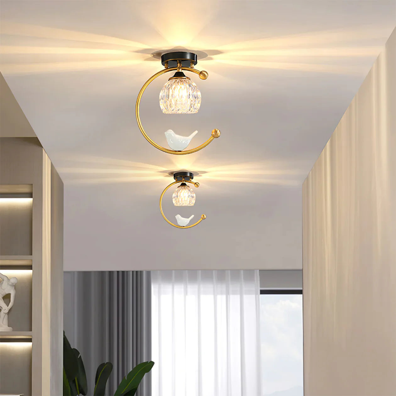 Contemporary Brass Ceiling Lamp with Ceramic Bird Detail | Lurvexa