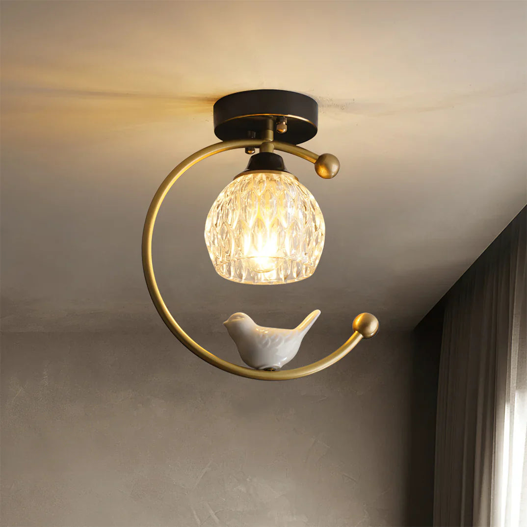 Contemporary Brass Ceiling Lamp with Ceramic Bird Detail | Lurvexa