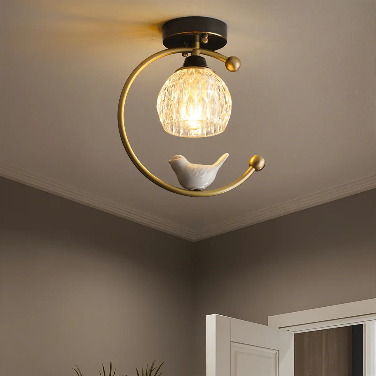 Contemporary Brass Ceiling Lamp with Ceramic Bird Detail | Lurvexa