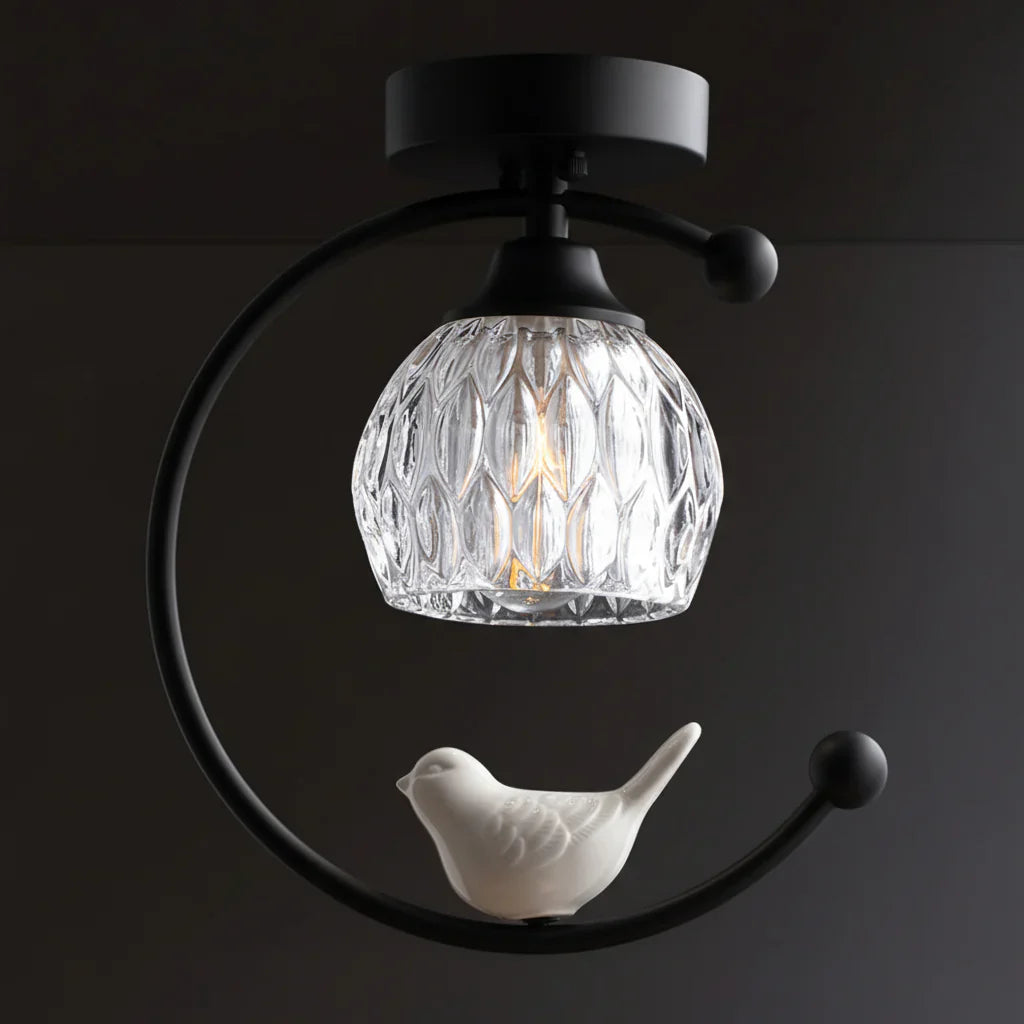 Contemporary Brass Ceiling Lamp with Ceramic Bird Detail | Lurvexa