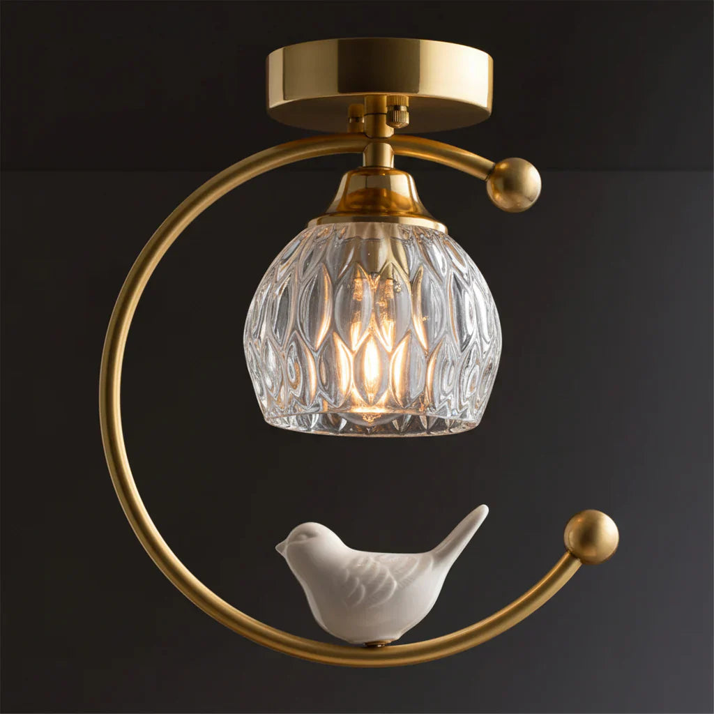 Contemporary Brass Ceiling Lamp with Ceramic Bird Detail | Lurvexa