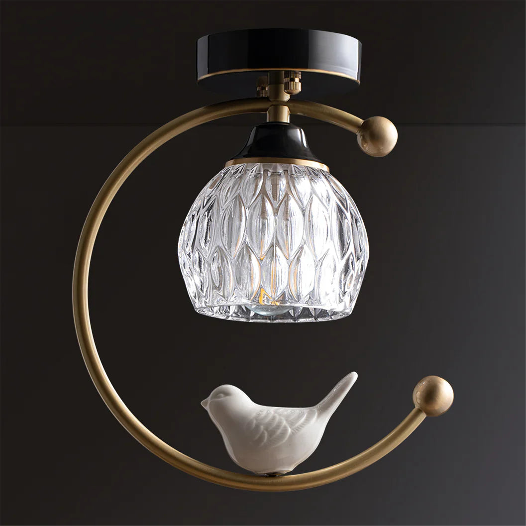 Contemporary Brass Ceiling Lamp with Ceramic Bird Detail | Lurvexa