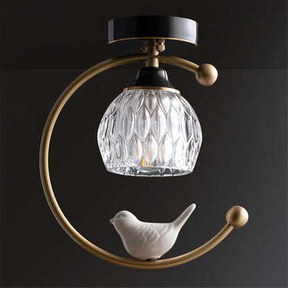 Contemporary Brass Ceiling Lamp with Ceramic Bird Detail | Lurvexa