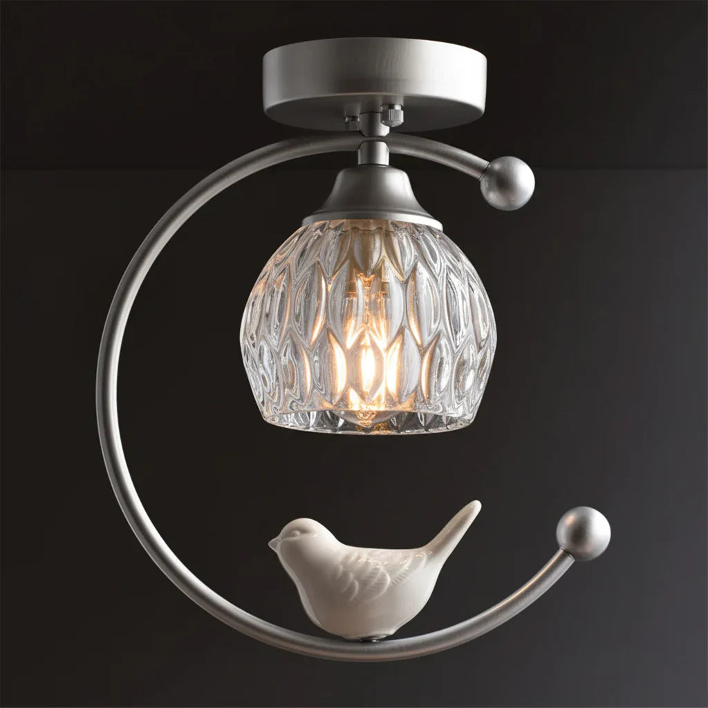 Contemporary Brass Ceiling Lamp with Ceramic Bird Detail | Lurvexa