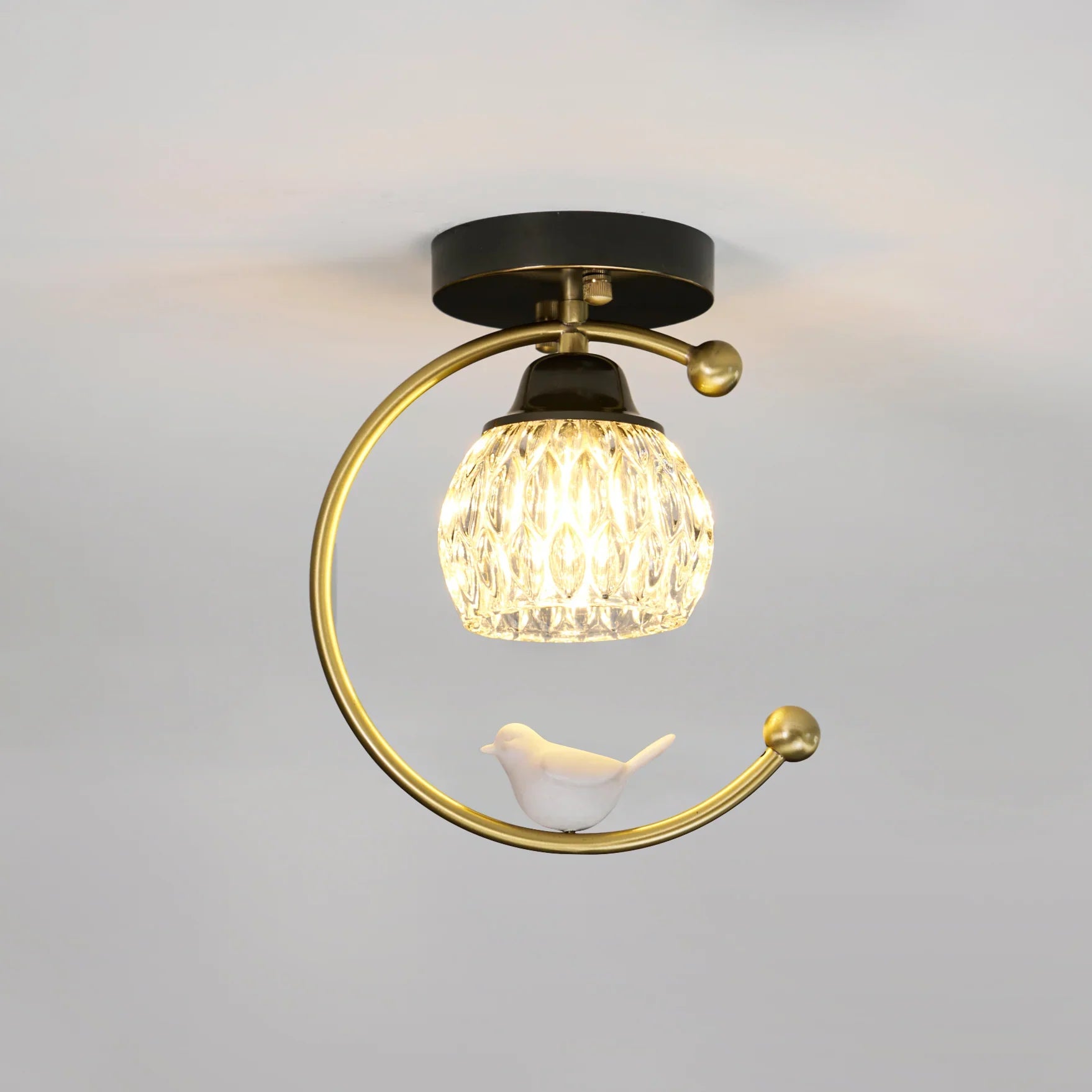 Contemporary Brass Ceiling Lamp with Ceramic Bird Detail | Lurvexa