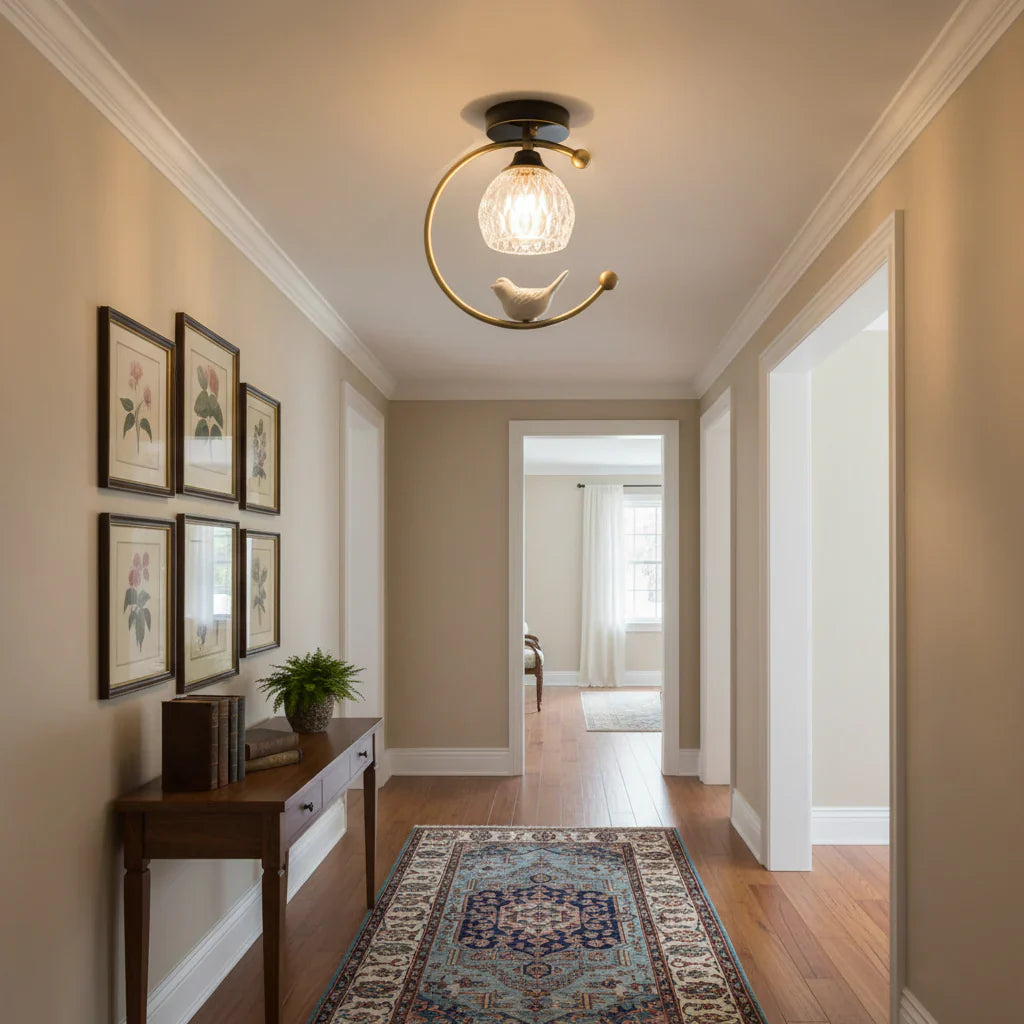 Contemporary Brass Ceiling Lamp with Ceramic Bird Detail | Lurvexa