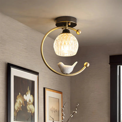 Contemporary Brass Ceiling Lamp with Ceramic Bird Detail | Lurvexa