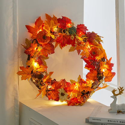 Fall Wreath with Lights Autumn Maple Leaf Pumpkin Front Door Decor
