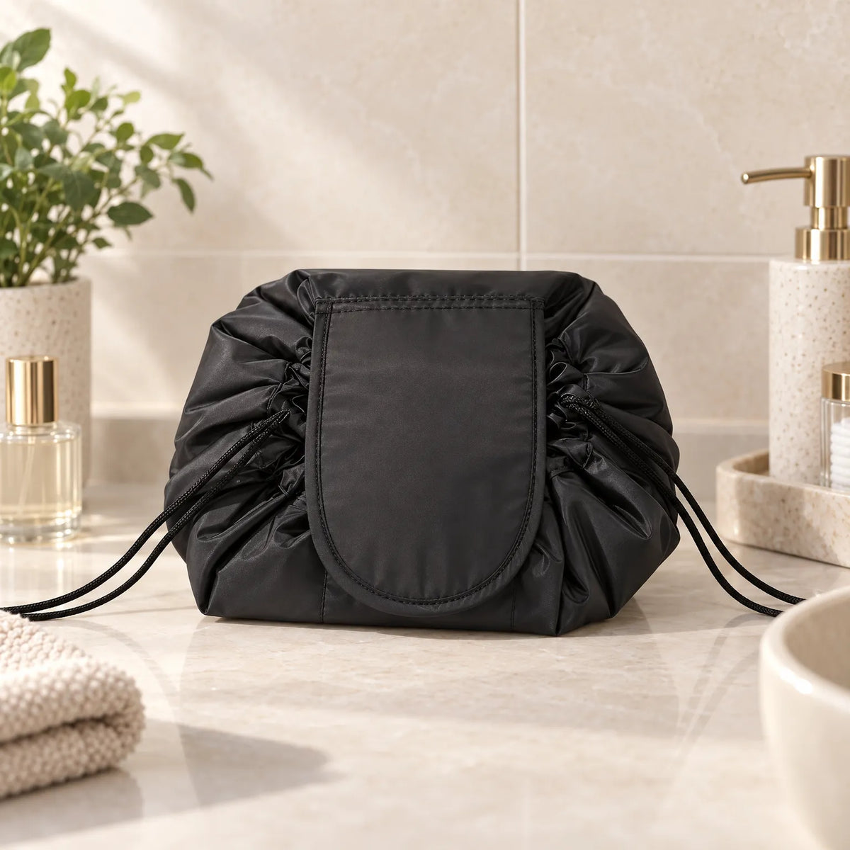 Flat Lay Drawstring Cosmetic Bag