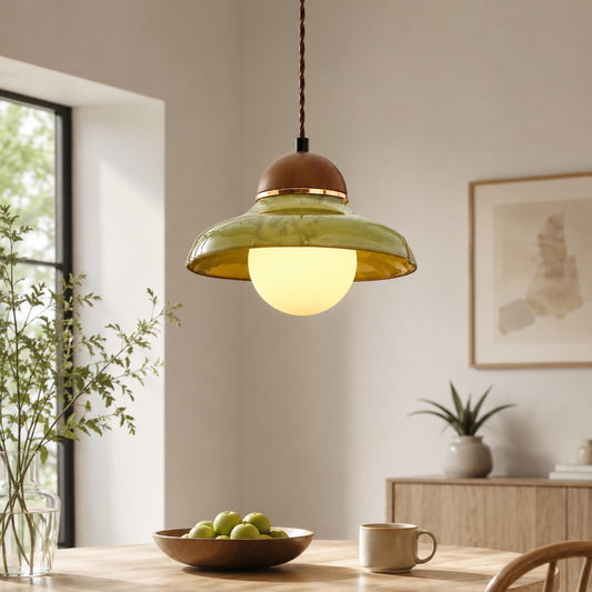 Green Ceramic Pendant Light with Frosted Glass Diffuser | Valoren