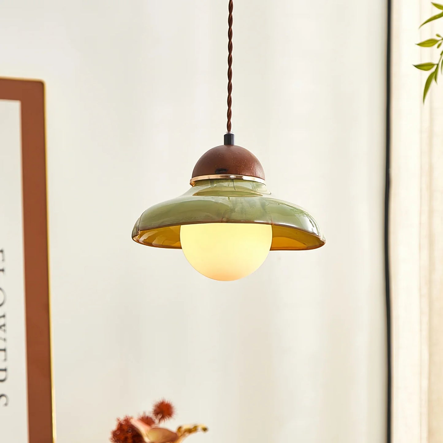 Green Ceramic Pendant Light with Frosted Glass Diffuser | Valoren