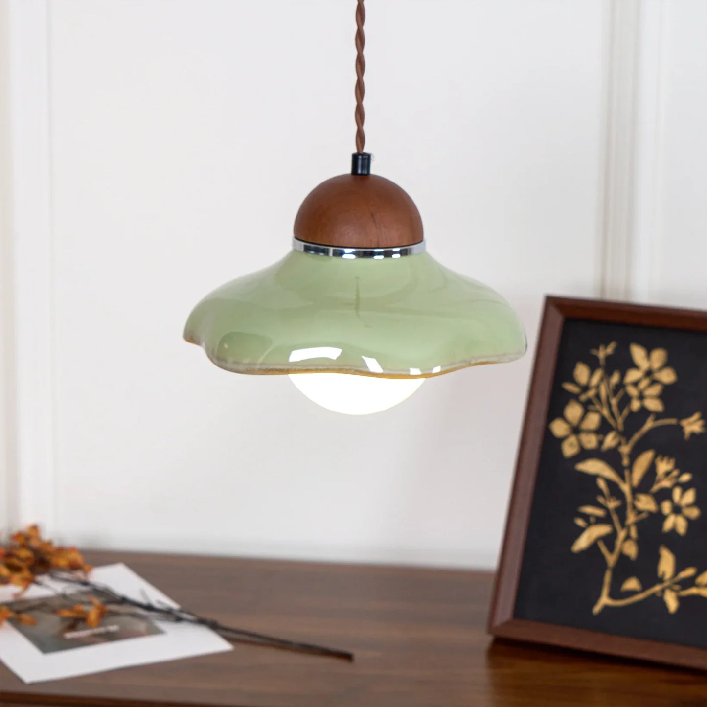 Green Ceramic Pendant Light with Frosted Glass Diffuser | Valoren