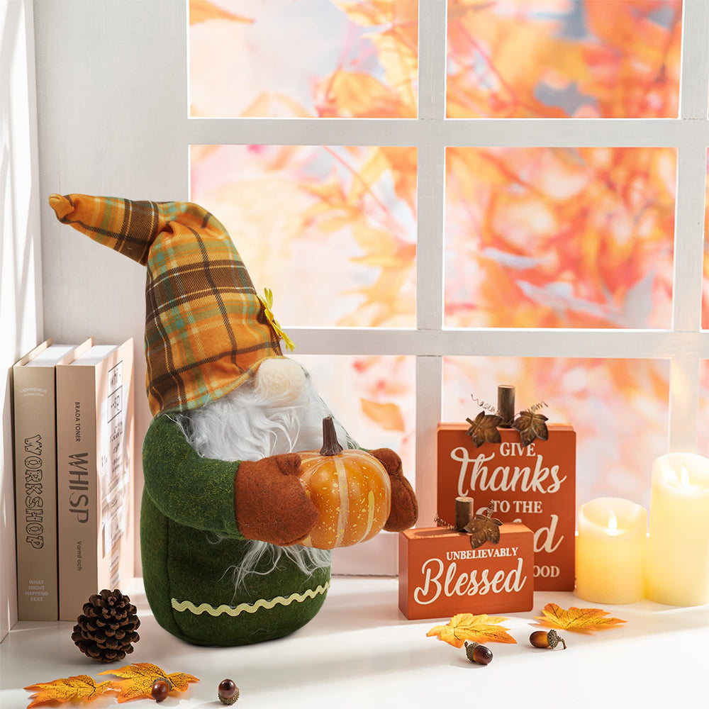 Halloween Gnome Decoration with Pumpkin and Plaid Hat