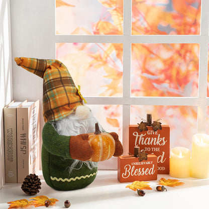 Halloween Gnome Decoration with Pumpkin and Plaid Hat