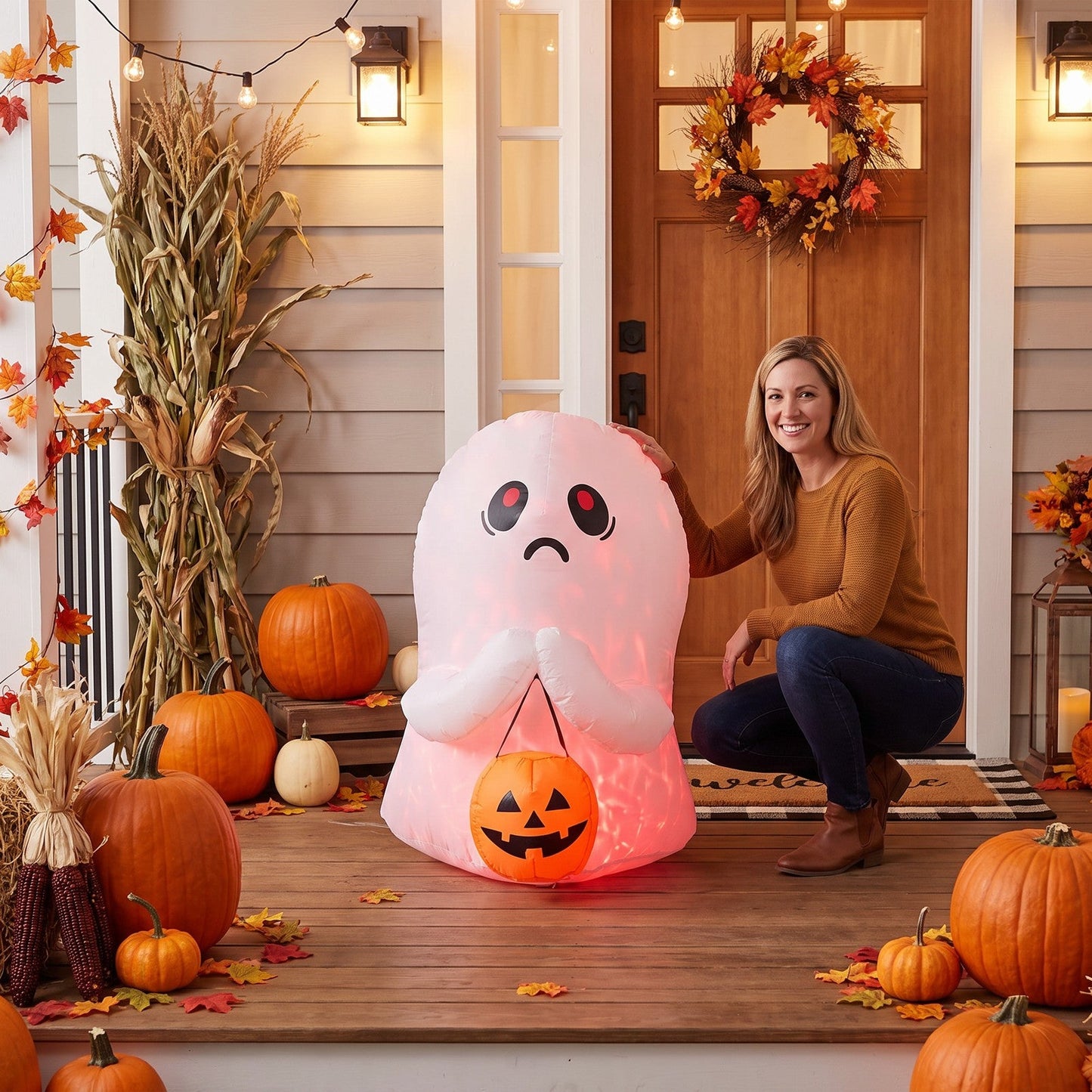 Halloween Inflatable Ghost with Pumpkin Light Up Outdoor Yard Decoration
