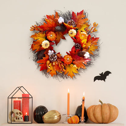 Halloween Pumpkin Wreath with Lights Fall Leaves Front Door Decoration