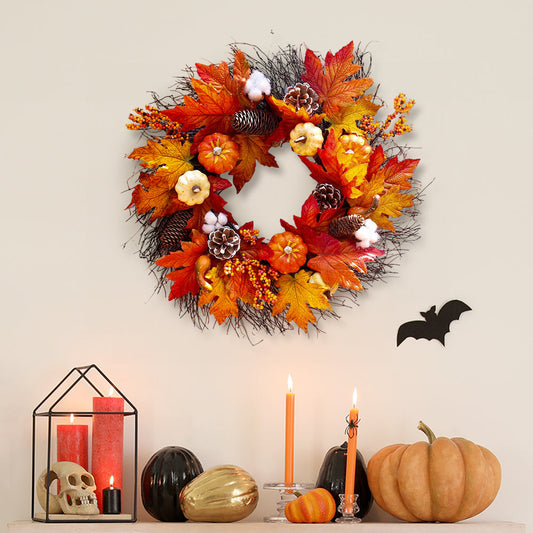 Halloween Pumpkin Wreath with Lights Fall Leaves Front Door Decoration