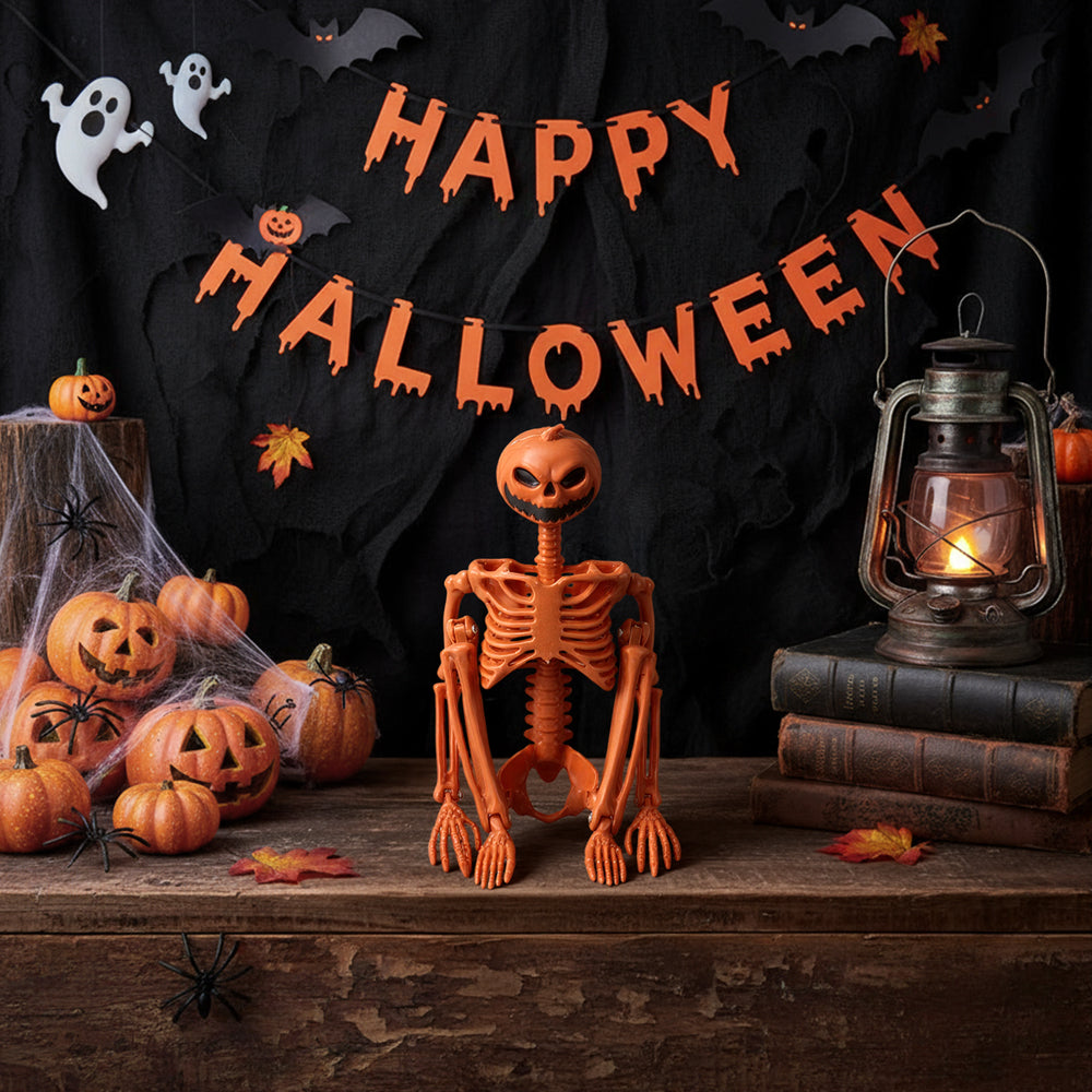 Halloween Skeleton Pumpkin Decoration Posable Jack O Lantern Figure