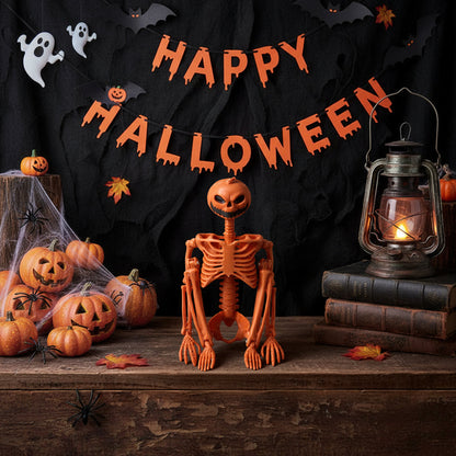 Halloween Skeleton Pumpkin Decoration Posable Jack O Lantern Figure