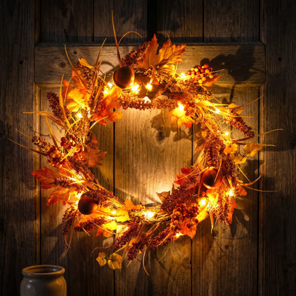Illuminated Autumn Wreath with Fall Leaves and Berries
