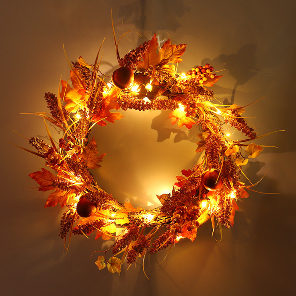 Illuminated Autumn Wreath with Fall Leaves and Berries